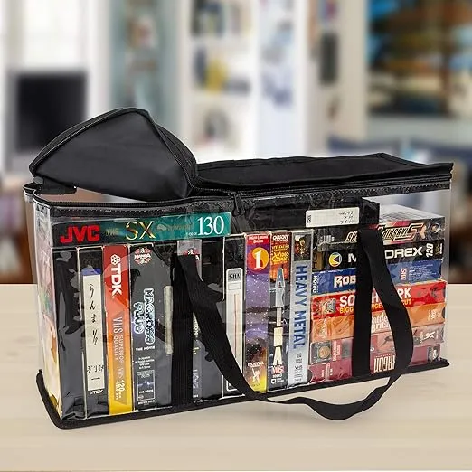 Besti VHS Storage Bags - Portable Movie Tape Case with Strong Carrying Handle and Zipper - Protective Video Cassette Organizer for Car, Shelf, Cabinet, Home, Office - Stackable with Dividers (Black)