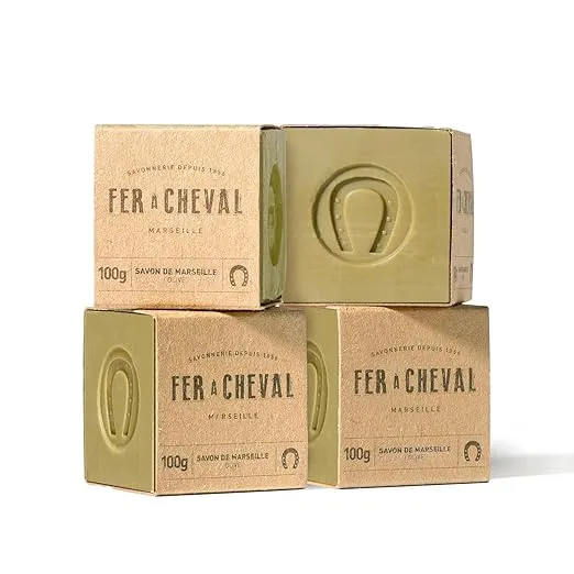 Fer à Cheval Pure Olive Authentic Savon De Marseille Soap Bar - 100% Natural, Hypoallergenic, Pack of 4 - Crafted in Cauldrons with French Olive Oil - Palm Oil Free & Eco-Friendly, 100g/3.53oz