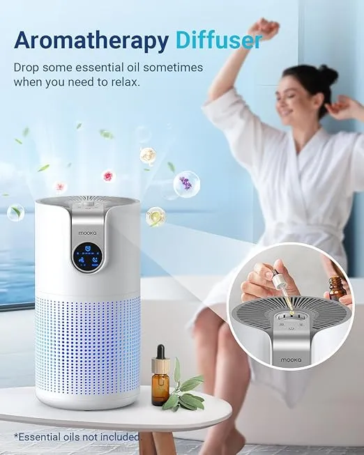 Air Purifiers for Home Large Room Up to 1500ft² with Aromatherapy, MOOKA HEPA Air Purifier for Bedroom Pets Kitchen, Air Filter Cleaner for Smoke Pollen Dust Dander Odor, 15dB, M03, White