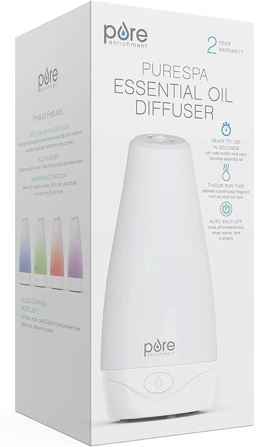 Pure Enrichment® PureSpa™ Essential Oil Diffuser - Compact Ultrasonic Aromatherapy Diffuser, Natural Air Deodorizer, 100ml Water Tank, and Optional Mood Light - Lasts Up to 7 Hours with Auto Shut-Off