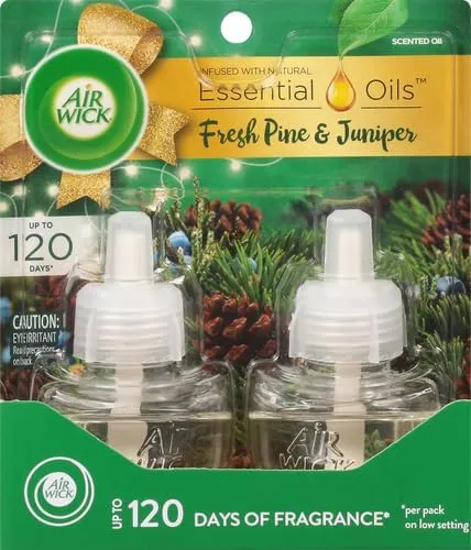 Air Wick Plug in Scented Oil 2 Refills, Fresh Pine and Juniper, Fall scent, Fall spray, (2x0.67oz), Essential Oils, Air Freshener, Packaging May Vary