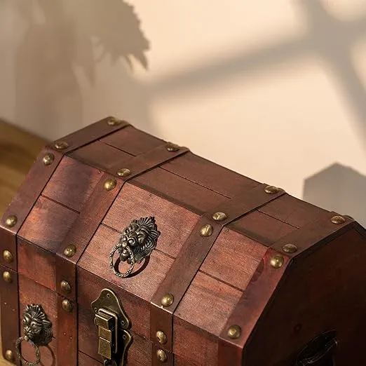 Antique Wooden Pirate Chest with Lion Rings