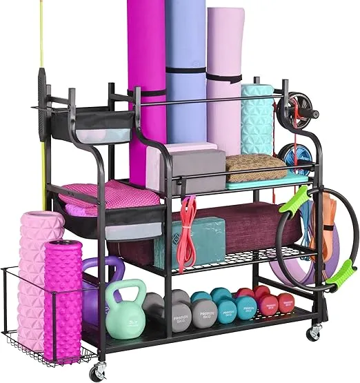 Mythinglogic Weight Rack for Dumbbells, Home Gym Storage for Yoga Mat Dumbbells Kettlebells and Strength Training Equipment, Dumbbell Rack with Wheels and Hanging Hooks