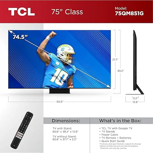 TCL 75-Inch QM85 QLED 4K Smart QD-Mini LED TV with Google TV (75QM851G, 2024 Model) Dolby Vision IQ HDR, Dolby Atmos, Game Accelerator up to 240Hz, Voice Remote, Works with Alexa, Streaming Television