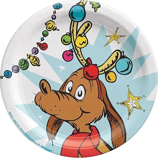 Grinch-Inspired Round Plates, 7" (8-Pack) - Whimsical & Fun Party Plates Featuring Max, Perfect for Holiday Parties & Festive Celebrations