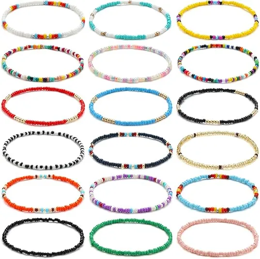 XIJIN 8Pcs Handmade Beaded Anklets for Women Boho Colorful Beads Ankle Bracelets Adjustable Foot Anklet Set