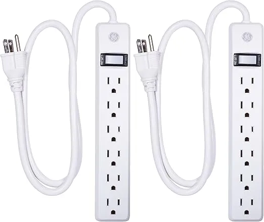 GE 6-Outlet Surge Protector 2 Pack, 3 Ft Extension Cord, Power Strip, 450 Joules, On/Off Switch, Integrated Circuit Breaker, Heavy Duty, Warranty, UL Listed, White, 14709