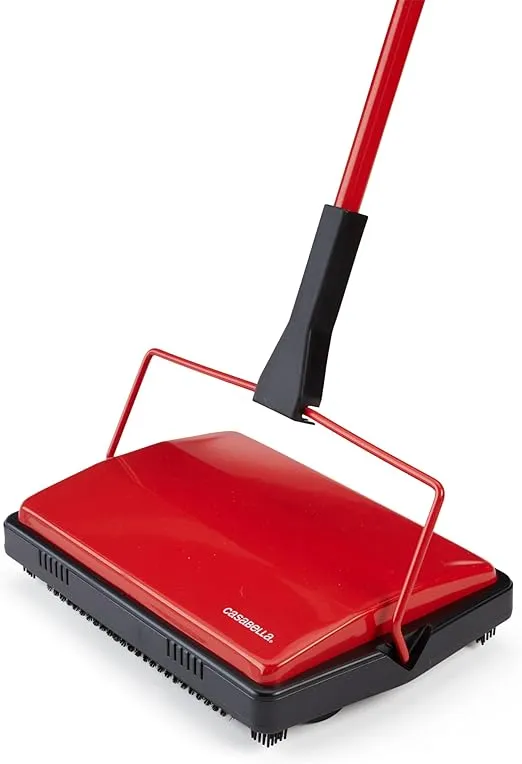 Casabella Electrostatic Floor And Carpet Sweeper | Non-Electric Vacuum Broom and Hand Push Floor Sweeper with Dual Rotating Brush Rolls System & Dust Pans | Ideal Home Cleaning Essentials | Red