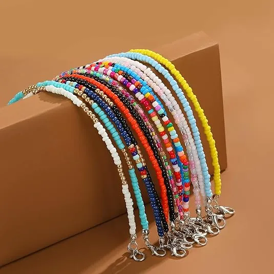 XIJIN 8Pcs Handmade Beaded Anklets for Women Boho Colorful Beads Ankle Bracelets Adjustable Foot Anklet Set