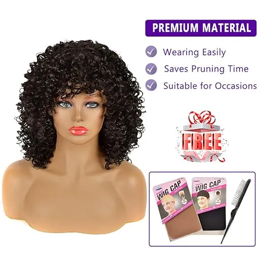 YEAME Curly Wigs for Black Women - Afro Curly Wig with Bangs Natural Black Hair Synthetic Heat Resistant Full Wigs with 1 Wig Comb and 4pcs Wig Caps