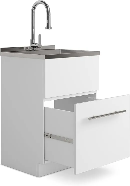 SIMPLIHOME Metro Modern 24 Inch Laundry Cabinet with Faucet and Stainless Steel Sink in White, For the Laundry Room and Utility Room