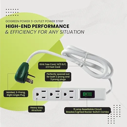 Go Green Power Inc. 2.5ft 3-Outlet Power Strip - Compact, Durable, Ideal for Travel & Home Use with Right-Angled Plug and Circuit Breaker - GG-13002MS