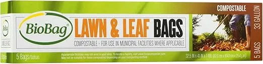 BioBag USA 100% Certified Compostable Lawn & Leaf Yard Waste Bags, 33 Gallon, Large Capacity and Weather Resistant, 60 Count