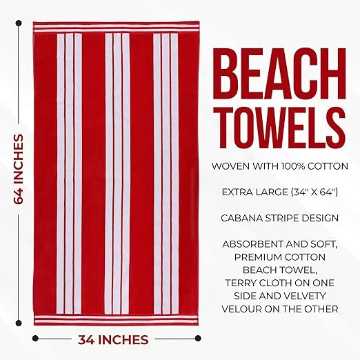 Superior Cotton Cabana Striped Beach Towels, Colorful Towels for Adult, Kid, Pool, Swimming, Sand, Travel, Large Oversized, Absorbent, Fast Drying, Bath Basics, Cabana Collection, 1 Piece, Red