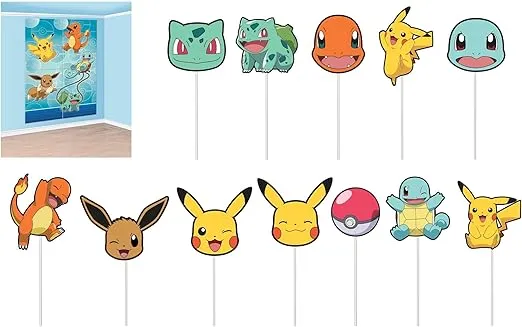 Pokemon Multicolor Selfie Scene - 59" x 65" Backdrop with Props - Pack of 16 - Fun & Interactive Design - Ultimate Party Fun for Pokemon Fans