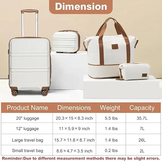 Kono Luggage Set 4 Piece Carry On Hardside Luggage with TSA Lock Spinner Wheels Carry On Suitcase Cream White