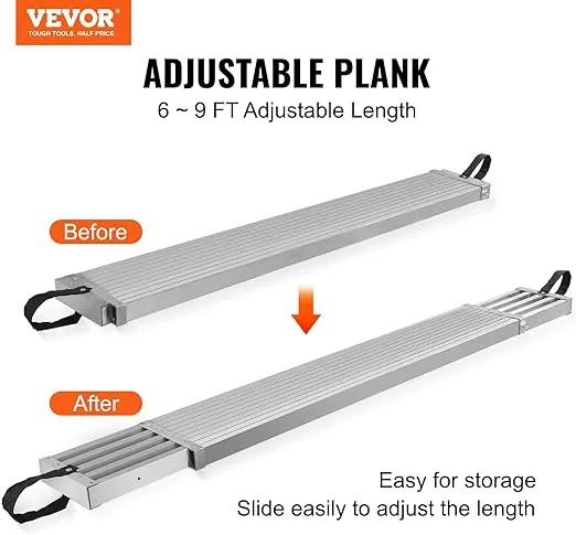 VEVOR Aluminum Plank, 6-9FT Telescoping Work Plank, 500lbs Capacity Aluminum Extension Plank, 12.5 inch Width, Scaffolding Plank with Skid-Proof Platform Scaffold Ladder Accessory