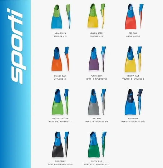 Sporti Adult-Kid Swim Fins for Pool Lap Swimming - Long Floating Fins for Swimming & Snorkeling - Swim Flippers for Training