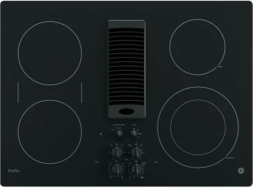 GE PP9830DJBB Profile Series Electric Cooktop with 4 Burners and 3-Speed Downdraft Exhaust System, 30", Black