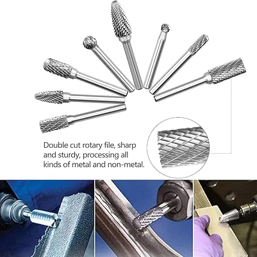 Carbide Rotary Burr Set 1/4'' Shank, 8PCS Double Cut Die Grinder Bits Grinding Tool for Metal Wood Jade Carving Engraving Polishing Drilling Milling Cutting