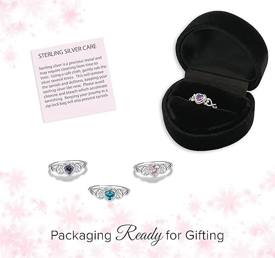 Precious Pieces Sterling Silver Simulated CZ Birthstone Baby Ring with Heart for little girls, Kids and Toddlers