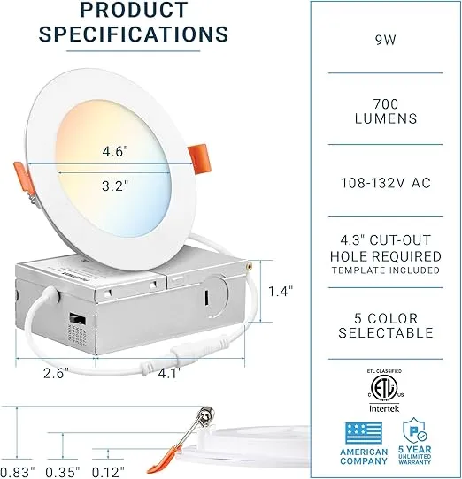 PARMIDA (6 Pack) 4 Inch Dimmable 5CCT Ultra-Thin LED Recessed Ceiling Light with Junction Box, 5 Color Selectable 2700K/3000K/3500K/4000K/5000K, 9W, Canless Wafer Slim Panel Downlight, IC Rated, ETL