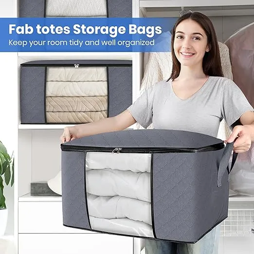 Fab totes 3-Pack Clothes Storage, Foldable Blanket Storage Bags, Storage Containers for Organizing Bedroom, Closet, Clothing, Comforter, Organization and Storage with Lids and Handle, Grey