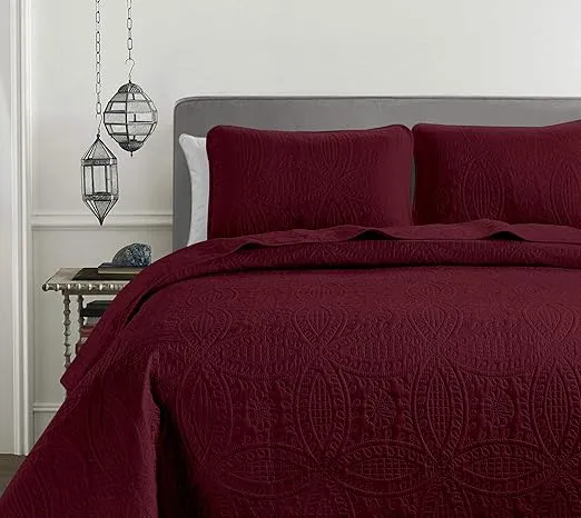 Chezmoi Collection Austin 3-Piece Oversized Bedspread Coverlet Set (King, Burgundy)