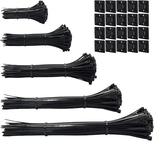 600pcs black Standard Self-Locking Nylon Cable Zip Ties Assorted Sizes 4/6/8/10/12 Inch with cable mount