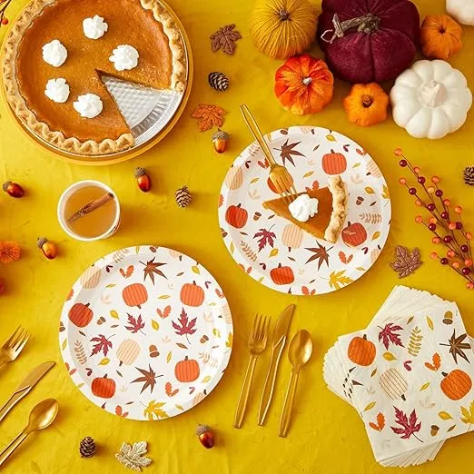 Juvale Autumn Paper Plates and Napkins, Cups, Cutlery for Thanksgiving, Fall Party Supplies (Serves 24, 144 Pieces)