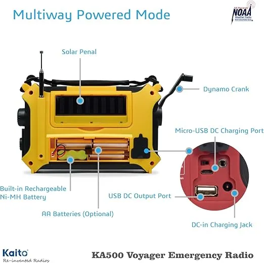 Kaito KA500 5-way Powered Solar Power,Dynamo Crank, Wind Up Emergency AM/FM/SW/NOAA Weather Alert Radio with Flashlight,Reading Lamp and Cellphone Charger, Yellow