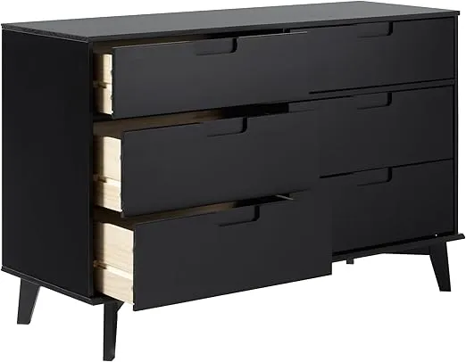 Walker Edison Mid-Century Modern Grooved Handle Wood 6-Drawer Dresser, 52 Inch, Black