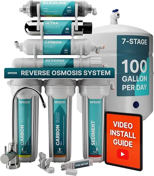 NU Aqua 7-Stage (12 Step Filtration) UV & Alkaline Under Sink Reverse Osmosis Water Filter System - 100 GPD RO Filtration & Remineralization - 100GPD Undersink - Home Kitchen Drinking Purifier