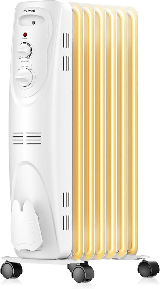 PELONIS Oil Filled Radiator Heater for indoor use Large Room Safe with Thermostat, 1500W Energy Efficient Quiet Space Heater, 3 Heat Settings, Overheat & Tip-Over, White