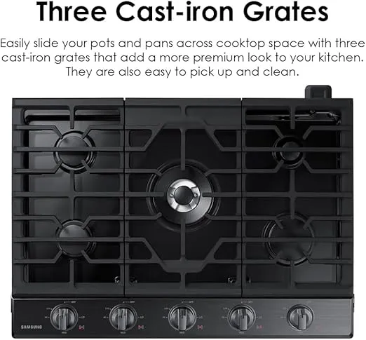 SAMSUNG 36" Built In Smart Gas Cooktop with Illuminated Knobs, 5 Burners, Black Stainless Steel, NA36N6555TG/AA