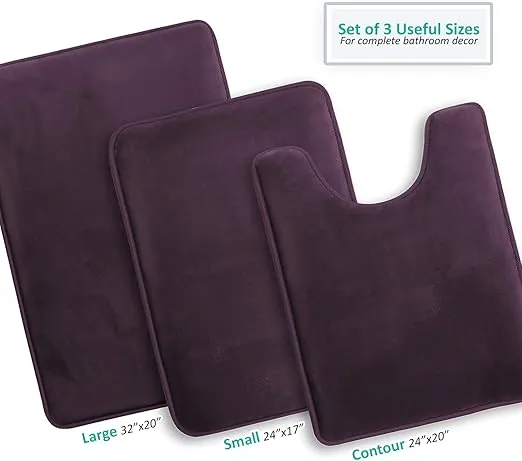 Clara Clark 3 Piece Bathroom Rugs Bath Mat Set, Velvet Memory Foam Bath Mats for Bathroom - Non-Slip, PVC Backing Bath Rugs, Washable Bathroom Rug Mats - Dries Quickly, Purple Bathroom Rug Set