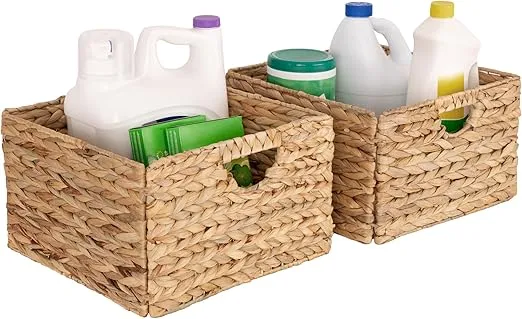 Seville Classics Premium Natural Handwoven Portable Laundry Bin Basket with Carrying Handles, Household Storage for Clothes, Linens, Sheets, Toys, Natural Water Hyacinth, Rectangular (2-Pack)