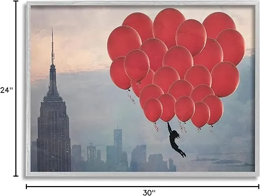 Stupell Industries Cityscape Girl Balloons Abstract Modern Collage, Design by Ashley Davis Gray Framed Wall Art, 24 x 30, Red