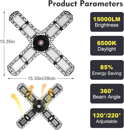 2 Pack LED Garage Light,Super Bright Screw in E26/E27 Ceiling Shop Work Lamp, 200W 20000 Lumen Deformable Basement Bulb Fixture with 8 Adjustable Panels