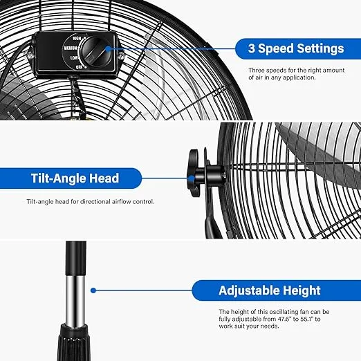 Simple Deluxe 18 Inch Pedestal Standing Fan, High Velocity, Heavy Duty Metal For Industrial, Commercial, Residential, Greenhouse Use, Black