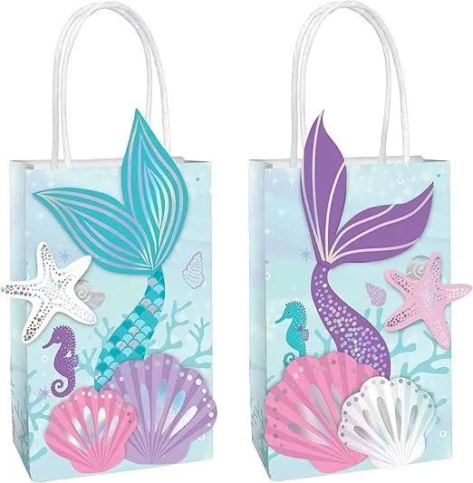 Amscan Multicolor Shimmering Mermaids Create Your Own Paper Bags (Pack of 8) - 8.5" x 5.25" x 3.25" - Perfect for Kids' Parties & Gifts