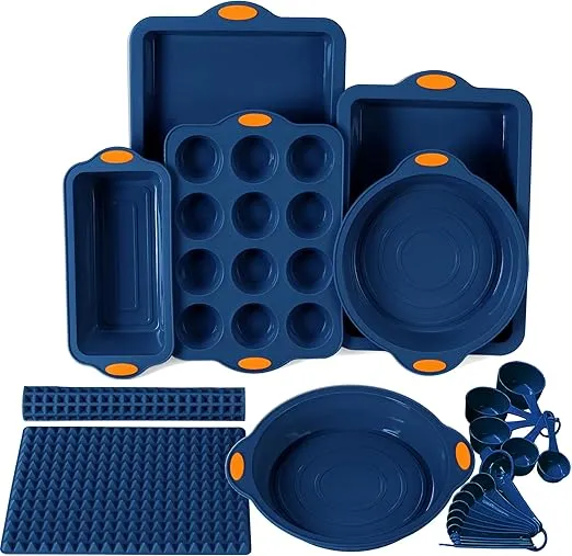 To encounter 8 in 1 Silicone Baking Set - 6 Silicone Molds - 2 Silicone Baking Mat, Nonstick Cookie Sheet, Cake Muffin Bread Pan with Grips and Metal Reinforced Frame More Strength, Navy Blue