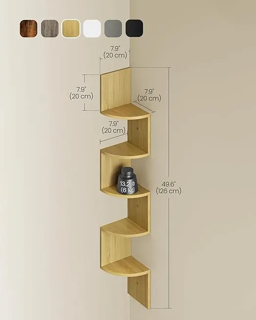 VASAGLE Corner Shelf Wall Mount, 5-Tier Floating Corner Bookshelf, Plant Shelf for Bedroom, Living Room, Bathroom, Home Office, Natural Oak