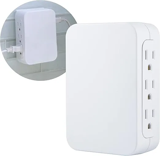 GE Pro 6-Outlet Extender, Surge Protector, Side Access, Wall Tap Adapter, 3-Prong, 1200 Joules, Warranty, UL Listed, White, 10353