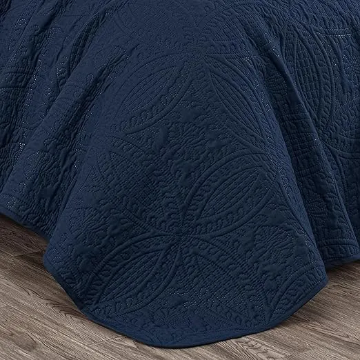 Chezmoi Collection Austin 3-Piece Oversized Bedspread Coverlet Set (King, Navy)