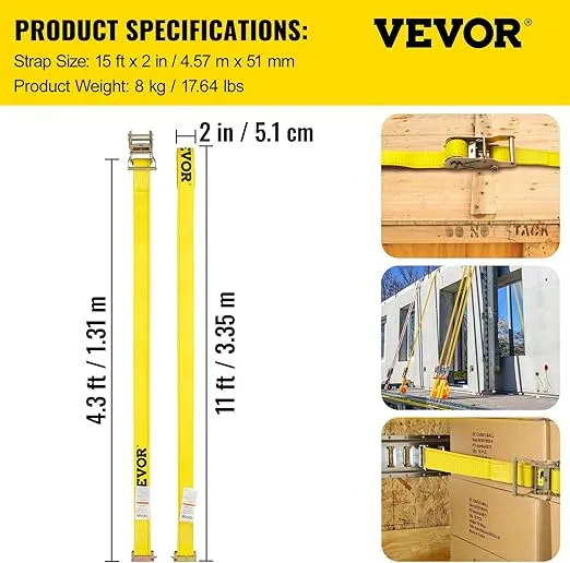 VEVOR E-Track Ratchet Strap, 8 Pack 2" x 15'Polyester Tie-Down Rachet Straps，4400 lbs Cargo Tie-Downs,E-Track Spring Fittings，Durable Tie-Downs for Motorcycles, Tire, Trailer Loads