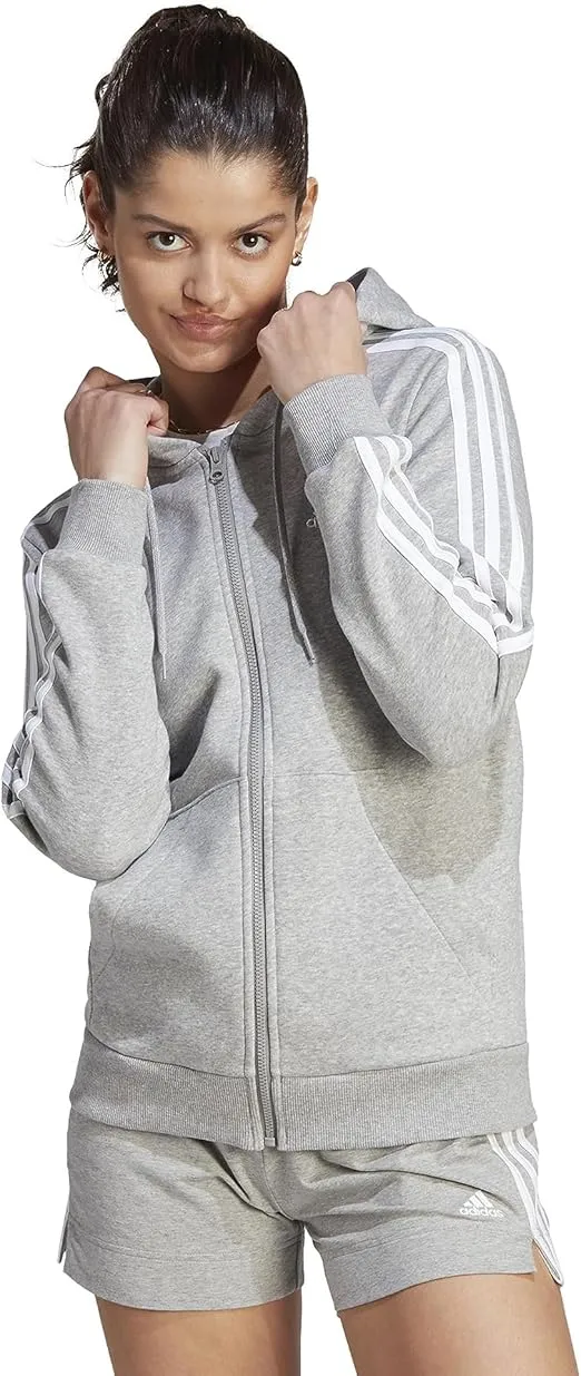 adidas Women's Essentials Full-Zip Hoodie, Medium Grey Heather/White, Small