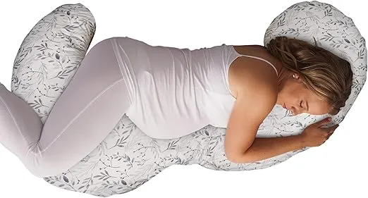 Boppy Total Body Pregnancy Pillow with Easy-on Removable Pillow Cover in Gray Scattered Leaves for Full-body Support for Pregnancy and Postpartum Positioning