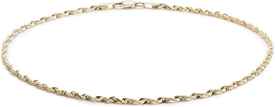 Floreo 10k Yellow Gold 2mm Solid Multi Diamond Cut Rope Chain Bracelet and Anklet