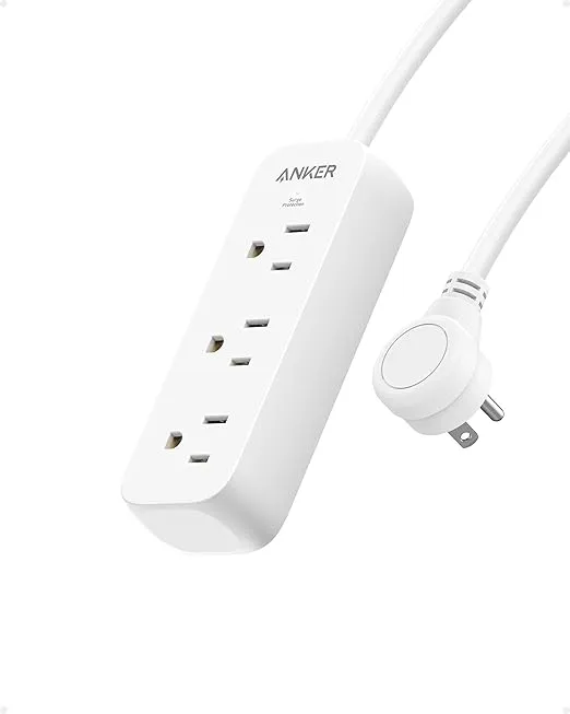 Anker Flat Plug Extension Cord,Small Power Strip Surge Protector(300J),5ft for iPhone 15/15 Plus/15 Pro/15 Pro Max, with 3AC Outlets,Surge Protection,Compact for Travel,Home,Dorm,Office,ETL Certified